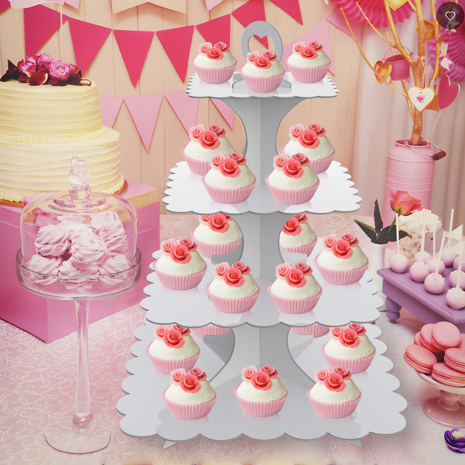 4-Tier Cardboard Cupcake Stand,2 Pack Cupcake Stand Tower, Cupcake Tower, White Cupcake Tier Stand,Square Cup Cake Stand Cardboard Dessert Cupcake Stand Holder for Parties, (White)