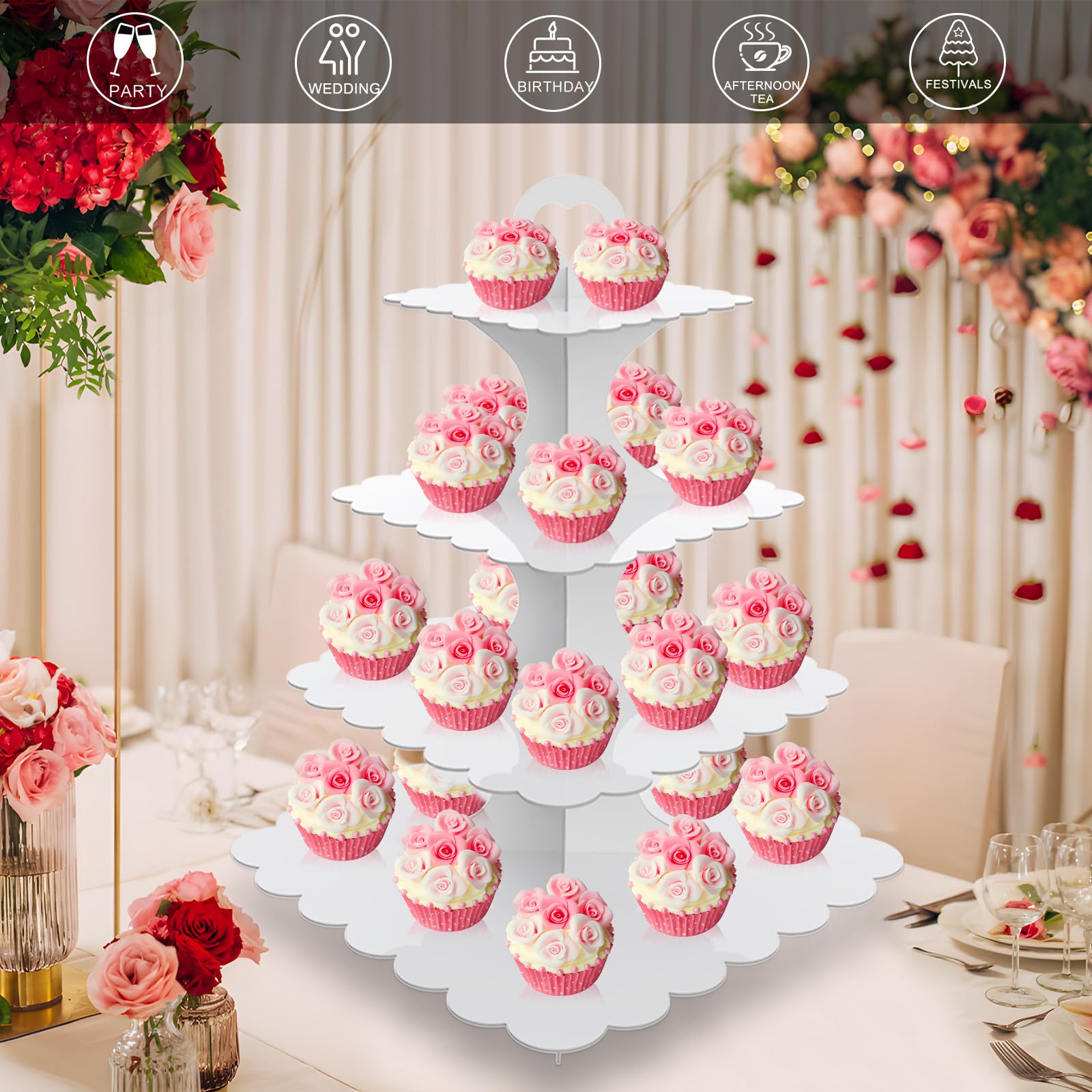 4-Tier Cardboard Cupcake Stand,2 Pack Cupcake Stand Tower, Cupcake Tower, White Cupcake Tier Stand,Square Cup Cake Stand Cardboard Dessert Cupcake Stand Holder for Parties, (White)