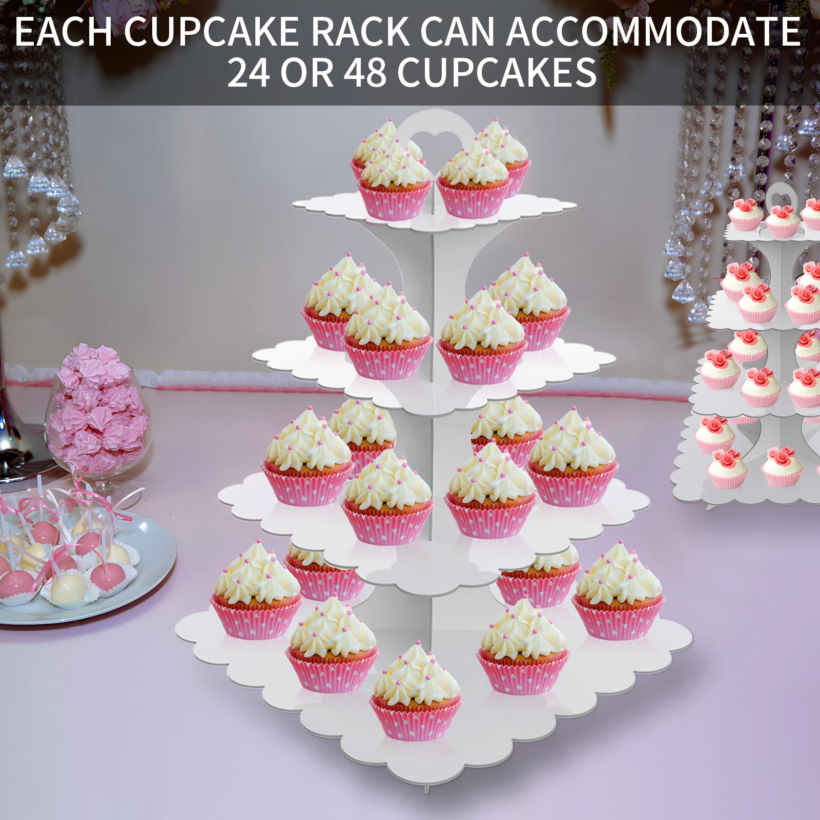 4-Tier Cardboard Cupcake Stand,2 Pack Cupcake Stand Tower, Cupcake Tower, White Cupcake Tier Stand,Square Cup Cake Stand Cardboard Dessert Cupcake Stand Holder for Parties, (White)