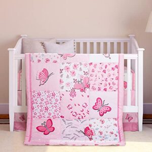 tudomro 3 pieces butterfly nursery crib bedding set for girls, standard size bedding sets with comforter fitted sheet crib skirt(pink)