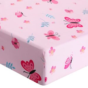 Tudomro 3 Pieces Butterfly Nursery Crib Bedding Set for Girls, Standard Size Bedding Sets with Comforter Fitted Sheet Crib Skirt(Pink)