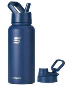 sunwill insulated water bottle with straw 32oz, stainless steel travel water bottle, reusable wide mouth flask with 2 lids (straw & spout lid), leak proof bpa free thermal canteen, navy