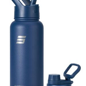 SUNWILL Insulated Water Bottle with Straw 32oz, Stainless Steel Travel Water Bottle, Reusable Wide Mouth Flask with 2 Lids (Straw & Spout Lid), Leak Proof BPA Free Thermal Canteen, Navy