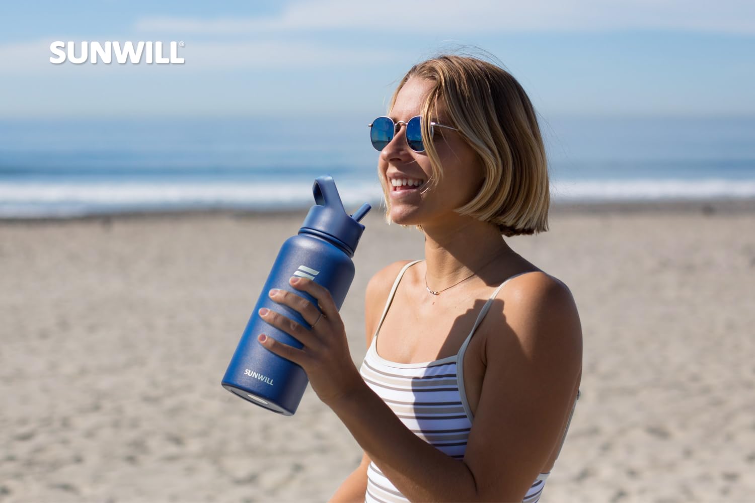 SUNWILL Insulated Water Bottle with Straw 32oz, Stainless Steel Travel Water Bottle, Reusable Wide Mouth Flask with 2 Lids (Straw & Spout Lid), Leak Proof BPA Free Thermal Canteen, Navy