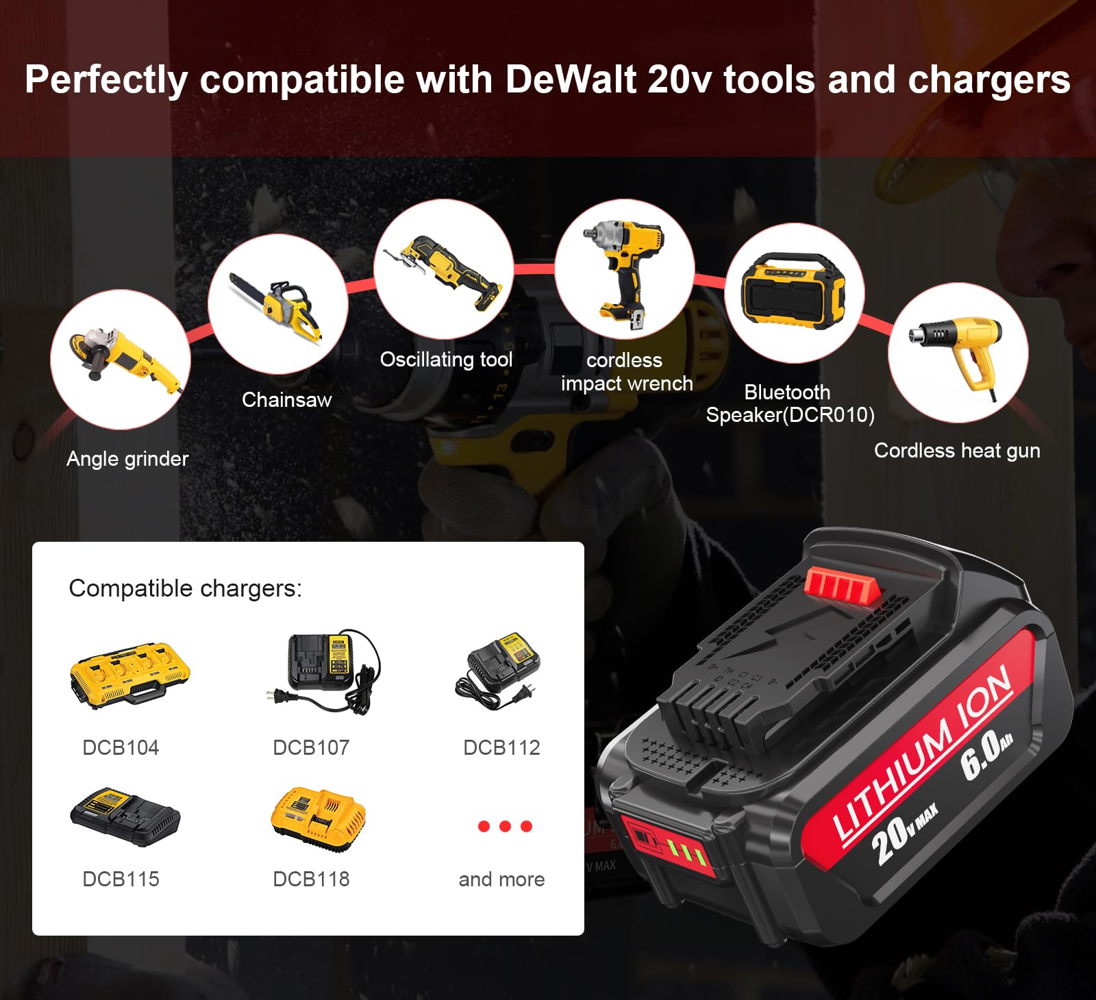 Upgraded 6.0Ah Replacement for Dewalt 20V MAX Battery DCB205-2 Compatible with Dewalt 20V MAX XR Battery DCB205 DCB206 DCB204 DCB200 Replacement for Dewalt 20 Volt Battery Cordless Power Tools 2-Pack