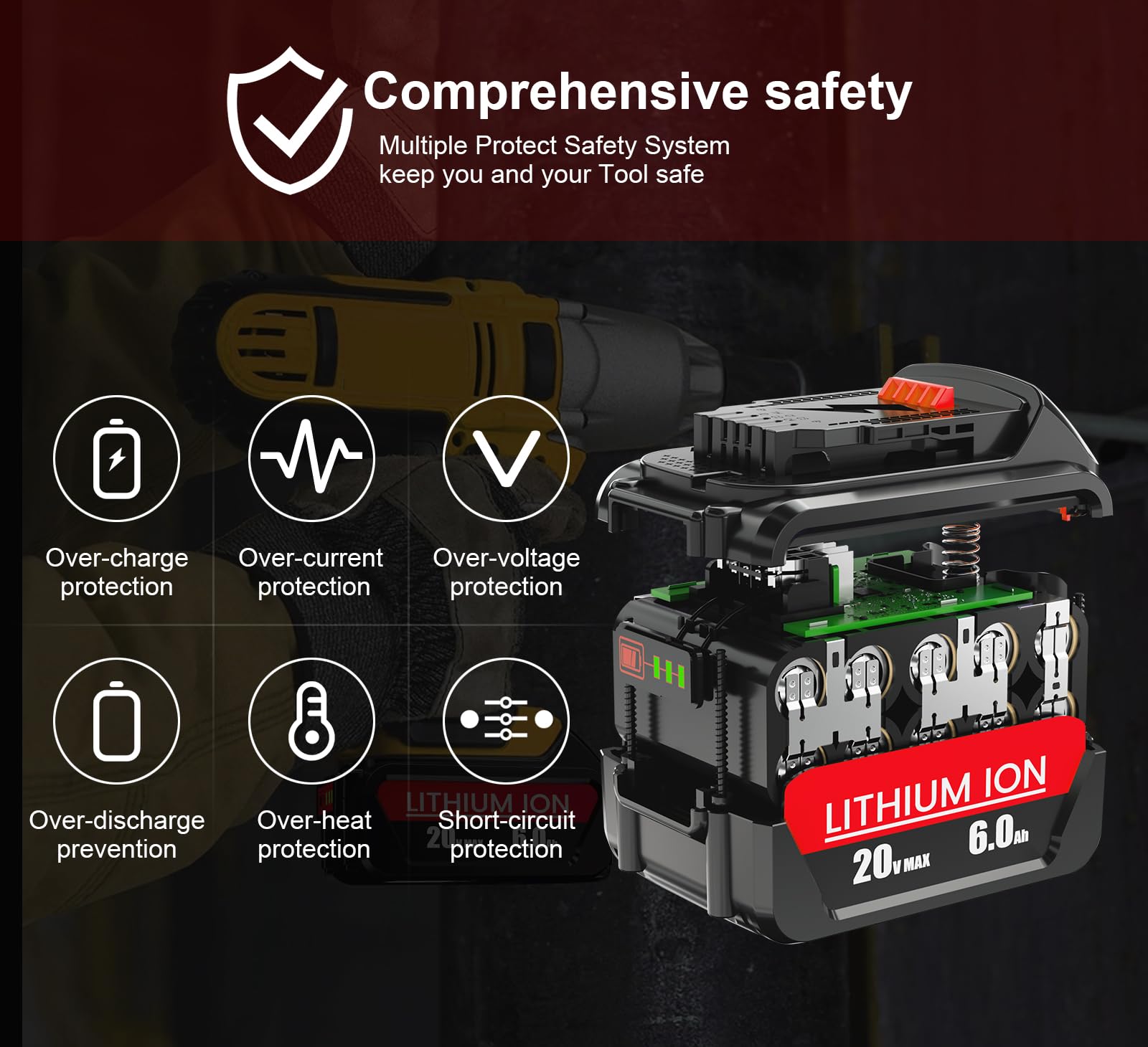 Upgraded 6.0Ah Replacement for Dewalt 20V MAX Battery DCB205-2 Compatible with Dewalt 20V MAX XR Battery DCB205 DCB206 DCB204 DCB200 Replacement for Dewalt 20 Volt Battery Cordless Power Tools 2-Pack