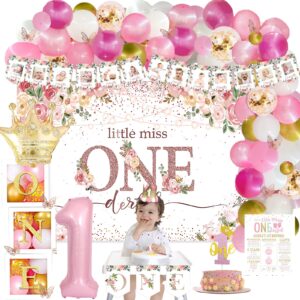 125 pcs first birthday decorations for girl, fiesec little miss onederful 1st birthday party decorations backdrop balloon garland monthly photo highchair banner box cutout cake topper crown poster