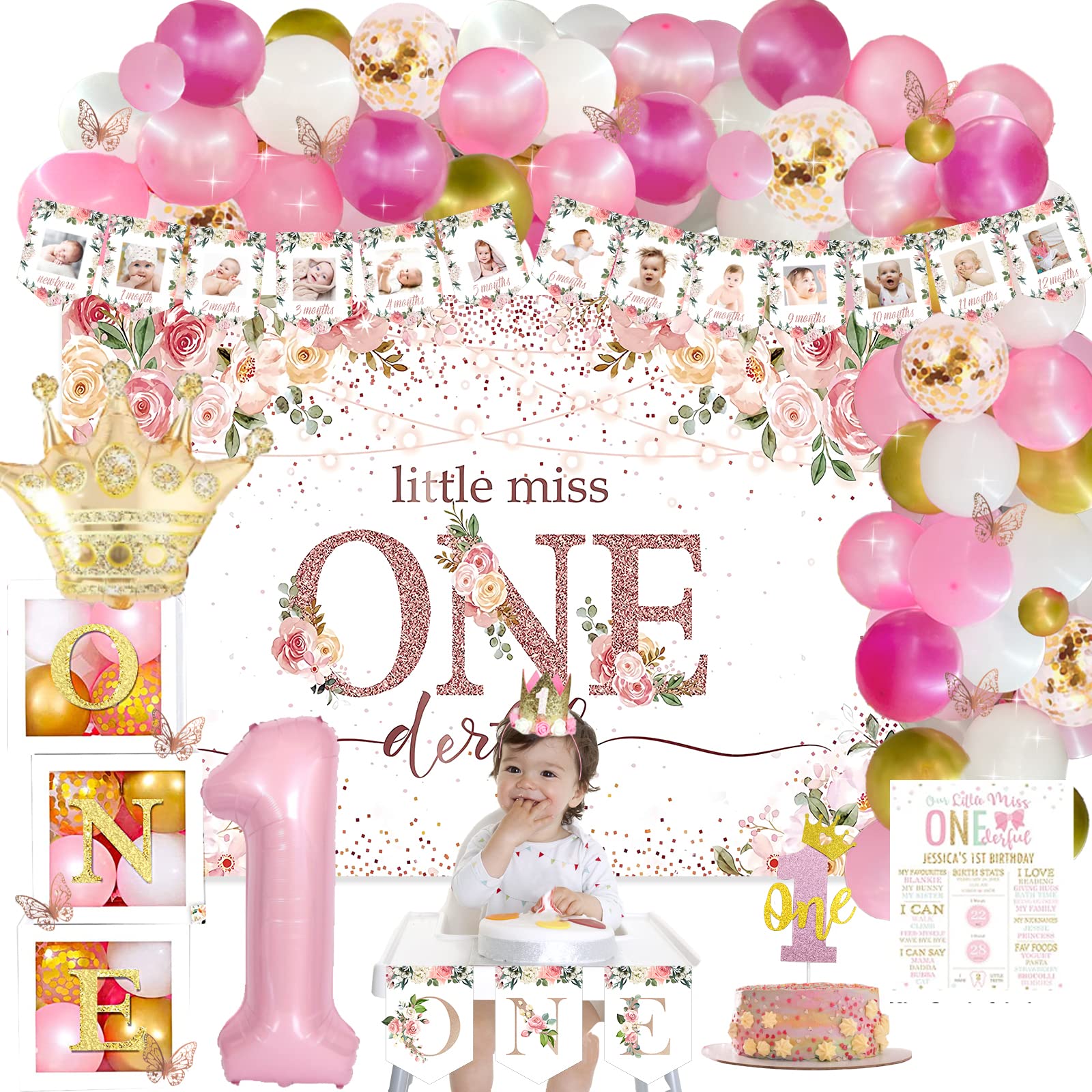 125 PCs First Birthday Decorations for Girl, Fiesec Little Miss Onederful 1st Birthday Party Decorations Backdrop Balloon Garland Monthly Photo Highchair Banner Box Cutout Cake Topper Crown Poster