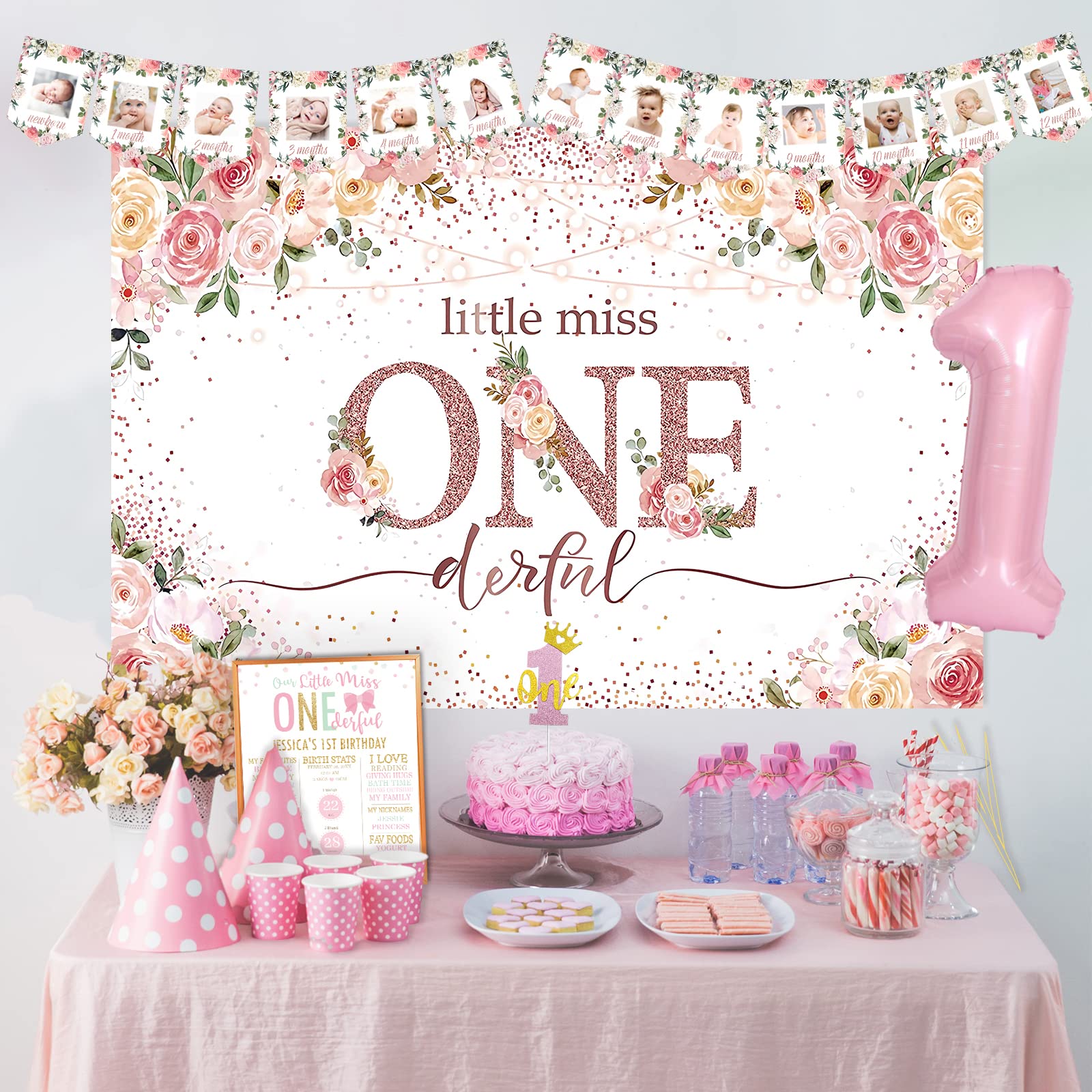 125 PCs First Birthday Decorations for Girl, Fiesec Little Miss Onederful 1st Birthday Party Decorations Backdrop Balloon Garland Monthly Photo Highchair Banner Box Cutout Cake Topper Crown Poster