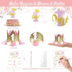 125 PCs First Birthday Decorations for Girl, Fiesec Little Miss Onederful 1st Birthday Party Decorations Backdrop Balloon Garland Monthly Photo Highchair Banner Box Cutout Cake Topper Crown Poster