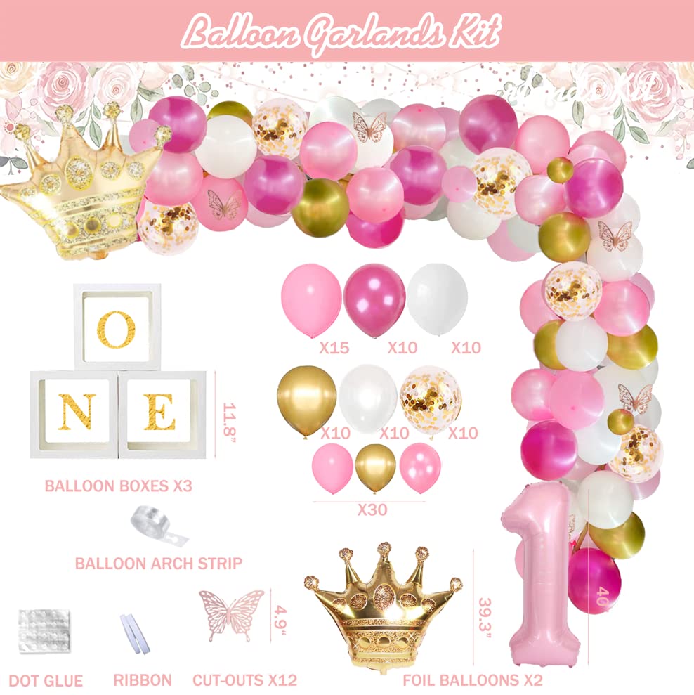 125 PCs First Birthday Decorations for Girl, Fiesec Little Miss Onederful 1st Birthday Party Decorations Backdrop Balloon Garland Monthly Photo Highchair Banner Box Cutout Cake Topper Crown Poster