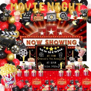 143 pcs movie night party decorations, fiesec movie theater hollywood themed party decorations backdrop balloon garland banner tablecloth cake cupcake topper poster popcorn clapboard red black