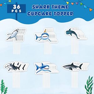 WERNNSAI Shark Cupcake Toppers - 36 PCS Shark Party Cake Toppers for Kids Boys Ocean Shark Themed Party Birthday Shark Cupcake Decorations Baby Shower Beach Party Supplies