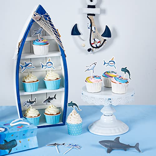 WERNNSAI Shark Cupcake Toppers - 36 PCS Shark Party Cake Toppers for Kids Boys Ocean Shark Themed Party Birthday Shark Cupcake Decorations Baby Shower Beach Party Supplies