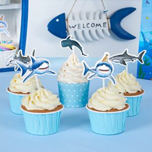 WERNNSAI Shark Cupcake Toppers - 36 PCS Shark Party Cake Toppers for Kids Boys Ocean Shark Themed Party Birthday Shark Cupcake Decorations Baby Shower Beach Party Supplies