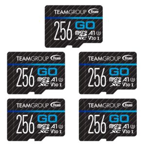 teamgroup go card 256gb x 5 pack micro sdxc uhs-i u3 v30 4k for gopro & drone & action cameras high speed flash memory card with adapter for outdoor sports, 4k shooting, nintendo-switch tgusdx256gu363