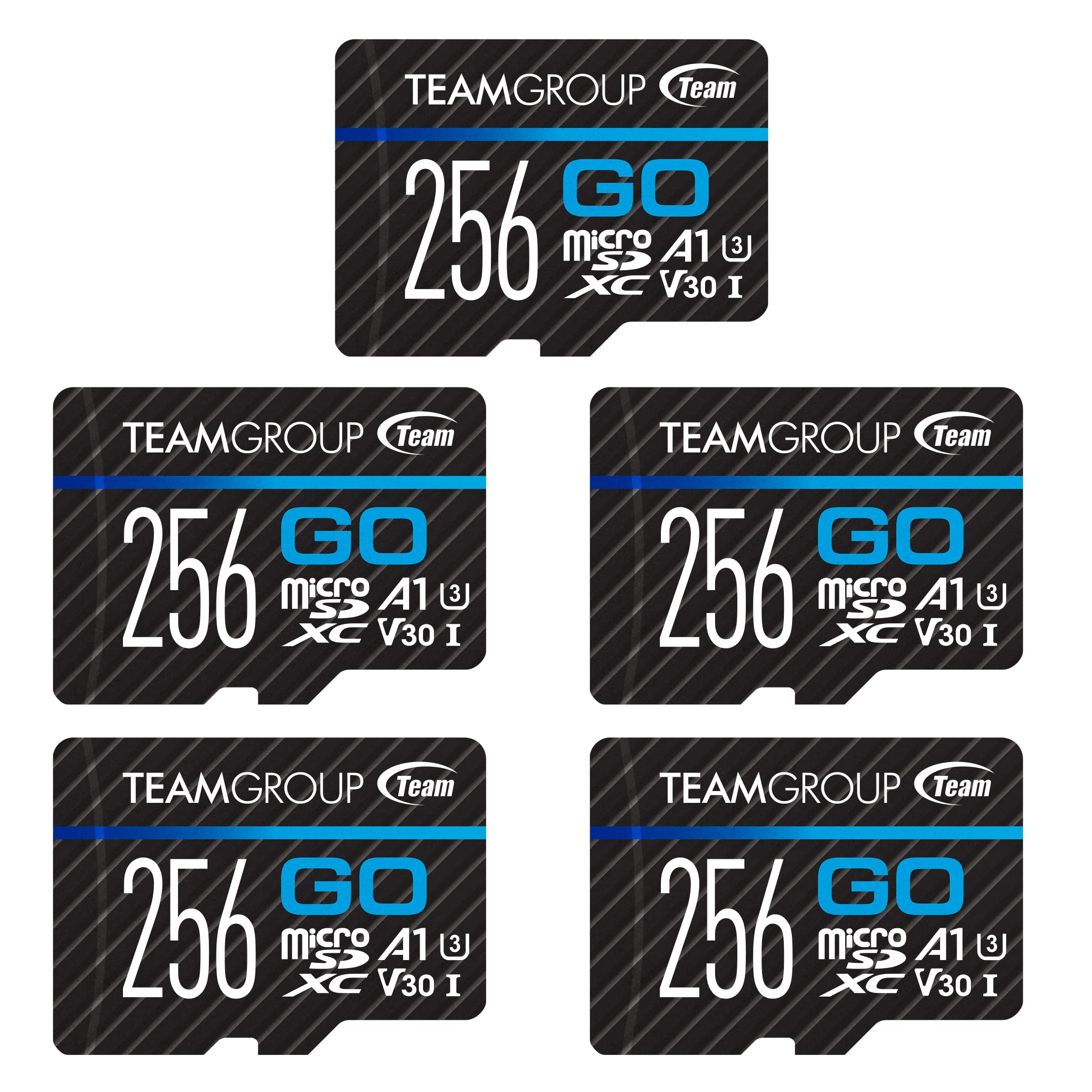 TEAMGROUP GO Card 256GB x 5 PACK Micro SDXC UHS-I U3 V30 4K for GoPro & Drone & Action Cameras High Speed Flash Memory Card with Adapter for Outdoor Sports, 4K Shooting, Nintendo-Switch TGUSDX256GU363