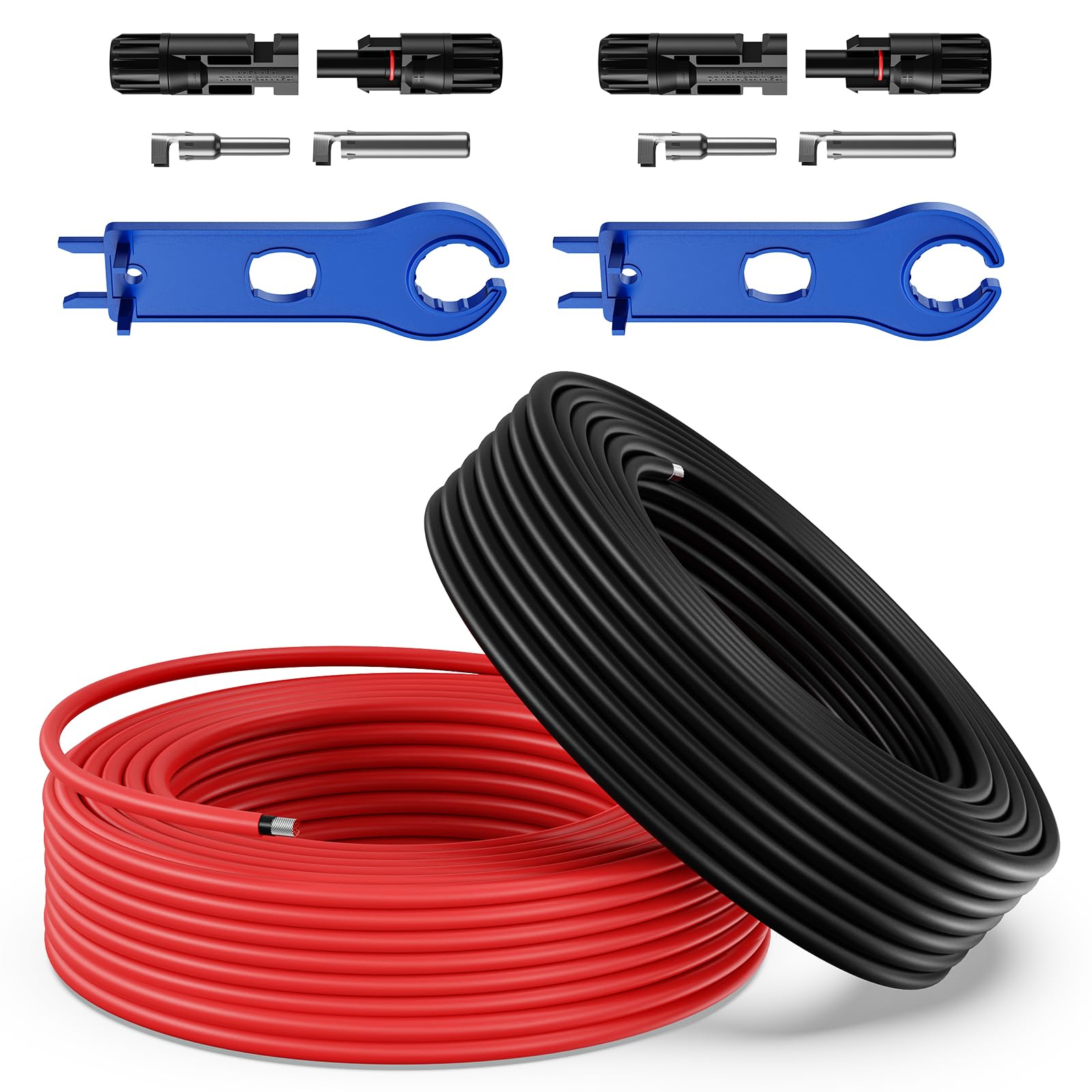 Bateria Power 20FT 10AWG(6mm²) Solar Panel Extension Cable, with Female and Male Connectors and Extra Free Spanners, Solar Panel Adaptor Kit Tool(20FT Red + 20FT Black)