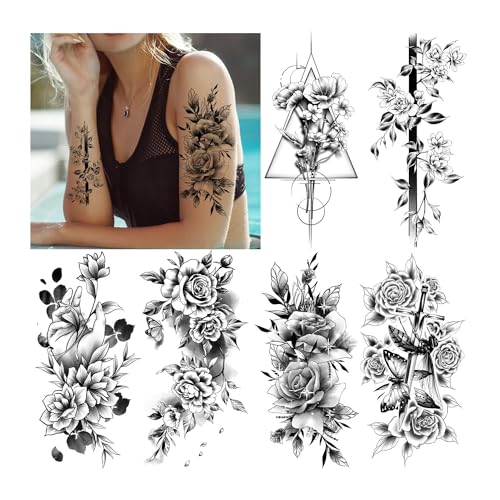 Cerlaza Large Temporary Tattoos Women with Sexy Rose Peony, Waterproof Temp Tattoo Body Art Stickers for Arm Back, Black Fake Tattoos That Look Real and Last Long for Women Girls Adult - 6 Styles