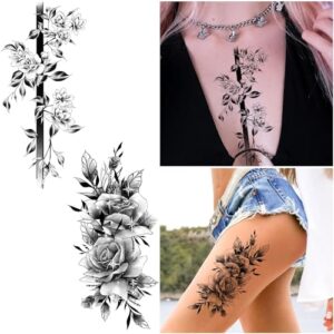 Cerlaza Large Temporary Tattoos Women with Sexy Rose Peony, Waterproof Temp Tattoo Body Art Stickers for Arm Back, Black Fake Tattoos That Look Real and Last Long for Women Girls Adult - 6 Styles