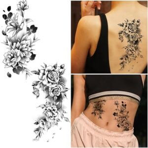 Cerlaza Large Temporary Tattoos Women with Sexy Rose Peony, Waterproof Temp Tattoo Body Art Stickers for Arm Back, Black Fake Tattoos That Look Real and Last Long for Women Girls Adult - 6 Styles