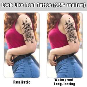 Cerlaza Large Temporary Tattoos Women with Sexy Rose Peony, Waterproof Temp Tattoo Body Art Stickers for Arm Back, Black Fake Tattoos That Look Real and Last Long for Women Girls Adult - 6 Styles