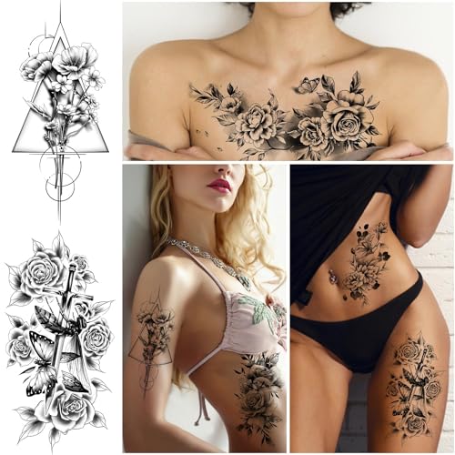 Cerlaza Large Temporary Tattoos Women with Sexy Rose Peony, Waterproof Temp Tattoo Body Art Stickers for Arm Back, Black Fake Tattoos That Look Real and Last Long for Women Girls Adult - 6 Styles