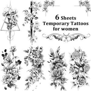 Cerlaza Large Temporary Tattoos Women with Sexy Rose Peony, Waterproof Temp Tattoo Body Art Stickers for Arm Back, Black Fake Tattoos That Look Real and Last Long for Women Girls Adult - 6 Styles