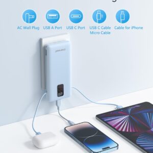 Charmast Portable Charger with Built-in Cables and AC Wall Plug, 10000mAh Ultra Slim Power Bank, External Battery Pack, Travel Accessories Compatible with iPhone 14/13, Samsung Galaxy, etc