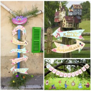 Alice in Wonderland Party Decorations, Fiesec Mad Hatter Tea Party Supplies Alice in Wonderland Hanging Swirl Sign Arrow Directional Sign Banner Yellow Blue Pink