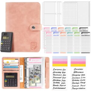 hakpnew budget binder with zipper envelopes, a6 budget wallet with calculator, cash envelopes for budgeting and budget sheets, money saving binder for budget planner office home school pink