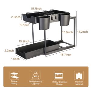 Under Sink Organizers and Storage - 2 Tier Sliding Bathroom Organizer Kitchen Cabinet Basket Storage Shelf with 4 Hooks and 2 Hanging Cups for Home Storage