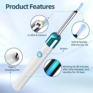 Ear Wax Removal, Ear Cleaner with Camera with 1080P, Otoscope with Light, Ear Wax Removal Kit with 6 Ear Pick, Ear Camera for iPhone, iPad, Android Phones (White)