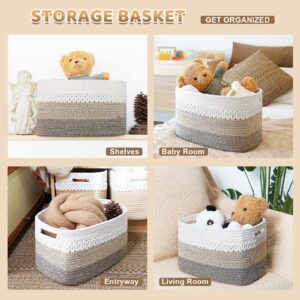 AROPEME Storage Basket for Shelves, 15"x10"x9" Woven Basket with Handles for Organizing, Cotton Rope Basket for Storage, Baby Nursery Toy Bin, Medium Rectangle Blanket Basket, Brown