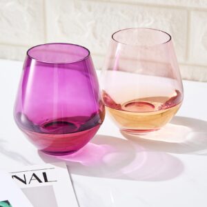 coral & fuchsia colored wine glassware | set of 2 | large 16 oz stemless glasses, coral peach pink italian style - wine, water, margarita glasses, tumbler beautiful hand-blown glass