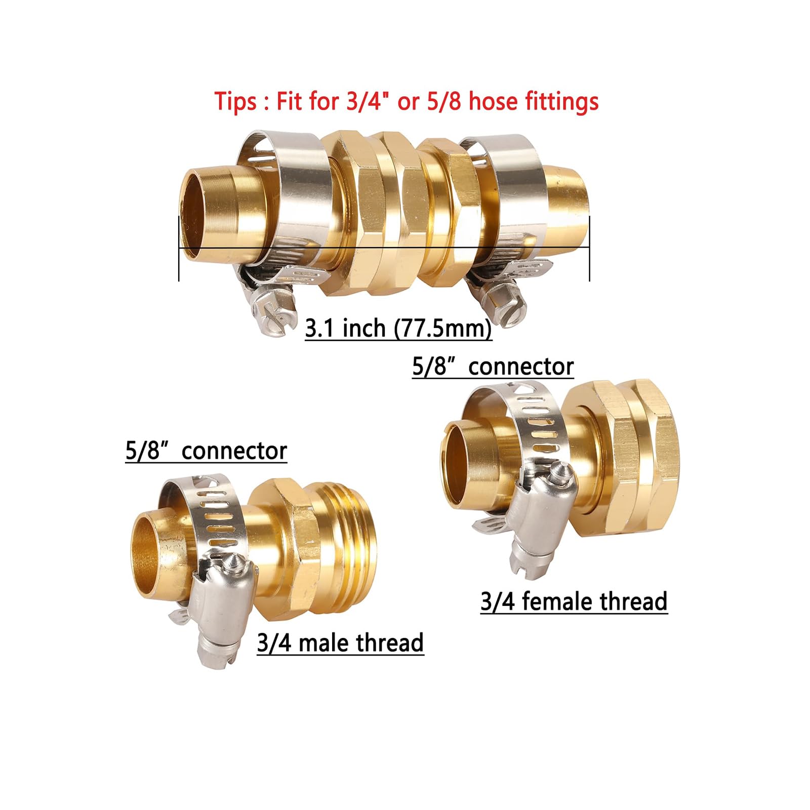 3/4"Aluminium Garden Hose Repair Connector with Stainless Steel Clamps, Mender End Repair Kit,Male and Female Garden Hose Fittings,Fit for 3/4" or 5/8" Garden Hose Fitting, 2 Set