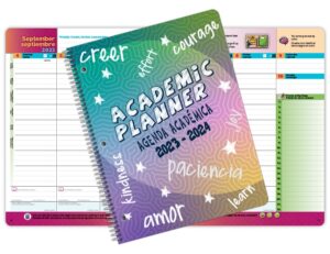 dated bilingual elementary student planner for the 2023-2024 academic school year, large (8.5" by 11") matrix style datebook with classic bilingual elementary matrix cover
