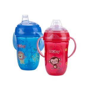 nuby 2 pack comfort trainer 2 handle cups with 360 weighted straw and soft silicone spout, 9 oz, blue lion and red monkey