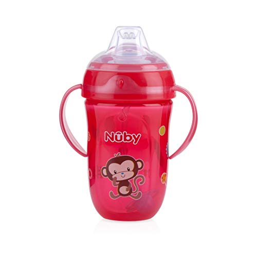 Nuby 2 pack Comfort Trainer 2 Handle Cups with 360 Weighted Straw and Soft Silicone Spout, 9 Oz, Blue Lion and Red Monkey