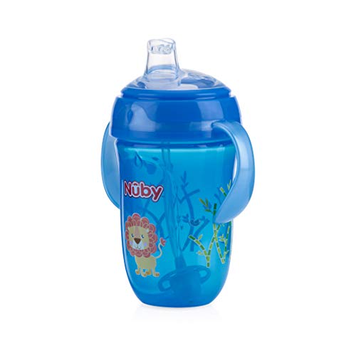 Nuby 2 pack Comfort Trainer 2 Handle Cups with 360 Weighted Straw and Soft Silicone Spout, 9 Oz, Blue Lion and Red Monkey