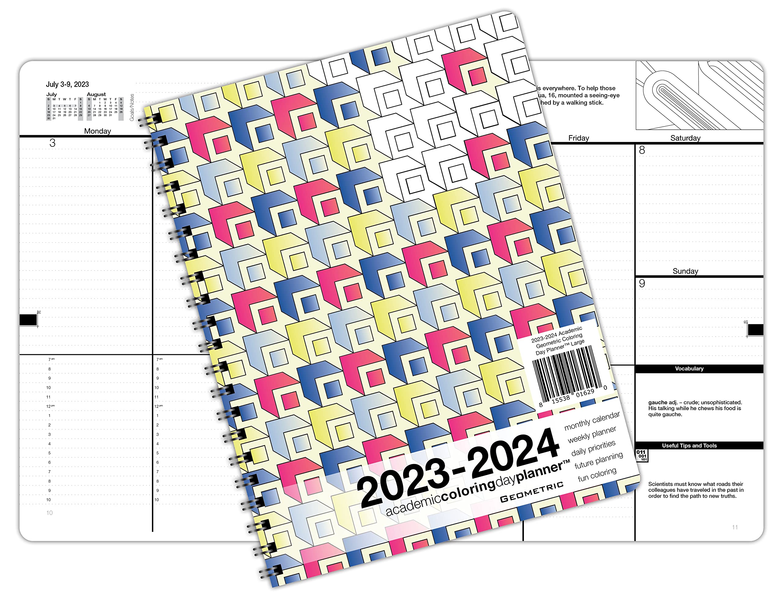 Action Publishing Coloring Day Planner · 2023-2024 Geometric · Daily and Weekly Scheduling and Goal Planning, with Lines, Shapes and Pattern Coloring Pages· July - June (8.5 x 11 inches)