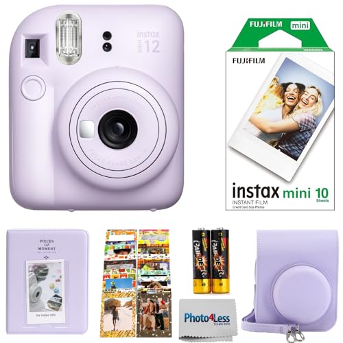 FUJIFILM INSTAX Mini 12 Instant Film Camera (Lilac Purple) Bundle with Fuji Instax Instant Film Single Pack, 10 Prints | Protective Case Purple | Photo Album Purple | Travel Stickers (6 Items)