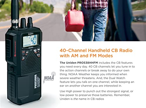 Uniden PRO538HHFM, “2 in 1” Dual Handheld/Mobile Emergency CB Radio with New FM Mode, Full 40 Channels, NOAA Weather Alerts, and Selectable 4-Watts HI/1-Watt Low Output Power.