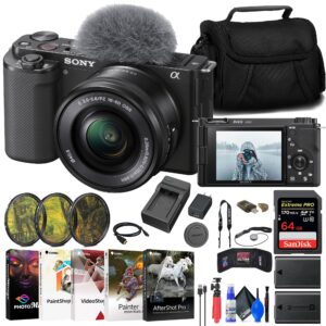 sony zv-e10 mirrorless camera with 16-50mm lens (black) (ilczv-e10l/b) + 64gb memory card + filter kit + charger + npf-w50 battery + card reader + corel photo software + hdmi cable + more (renewed)