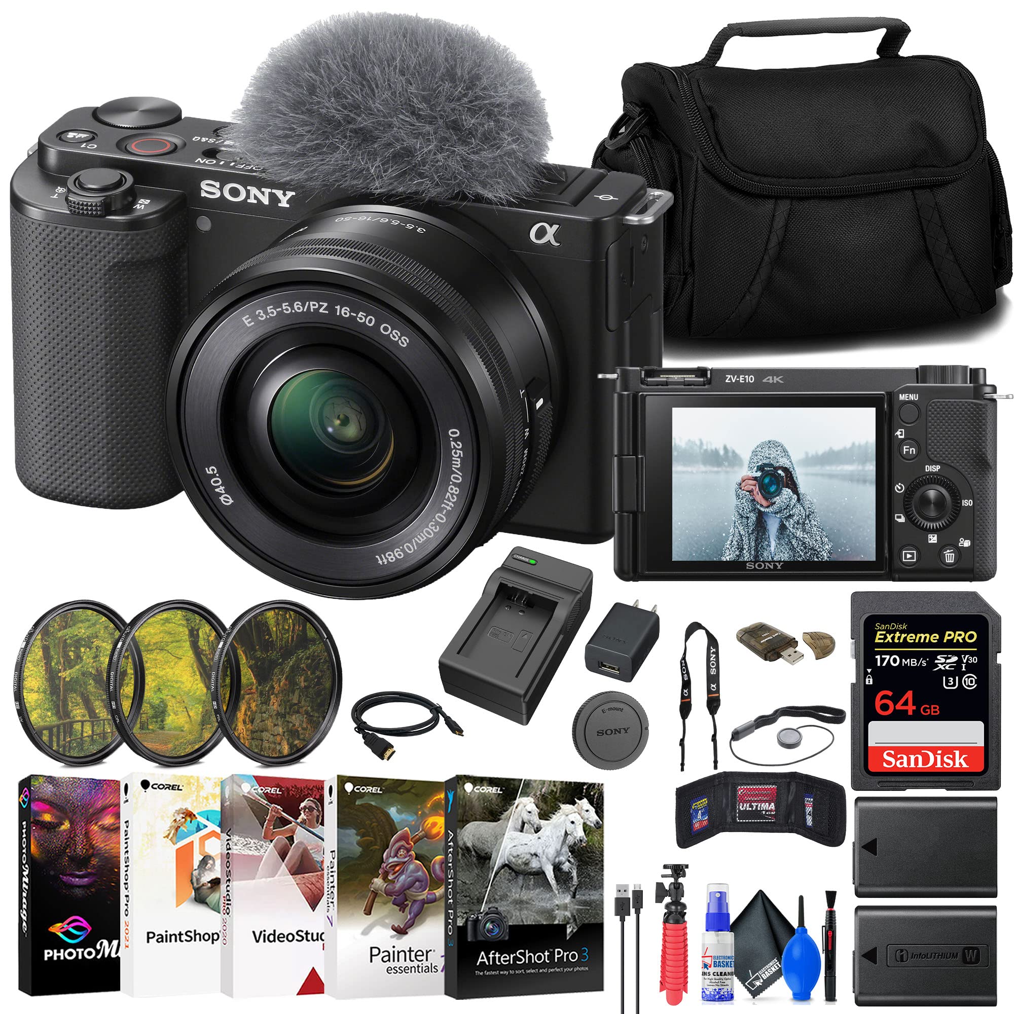 Sony ZV-E10 Mirrorless Camera with 16-50mm Lens (Black) (ILCZV-E10L/B) + 64GB Memory Card + Filter Kit + Charger + NPF-W50 Battery + Card Reader + Corel Photo Software + HDMI Cable + More (Renewed)