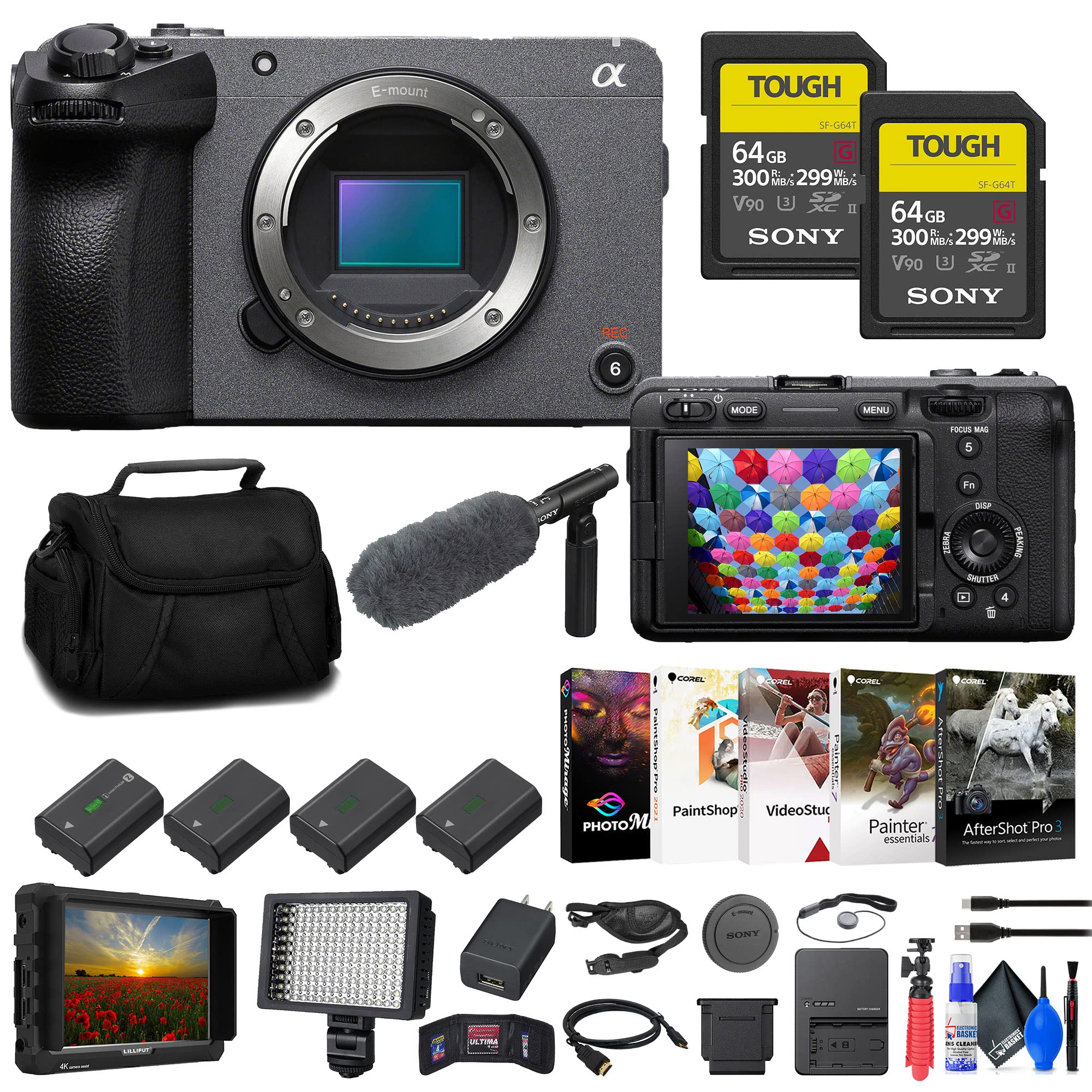 Sony FX30 Digital Cinema Camera (ILME-FX30B) + 4K Monitor + 2 x 64GB SF-G Tough Card + Pro Mic + Bag + 3 x NP-FZ100 Compatible Battery + LED Light + Charger + Corel Photo Software + More (Renewed)