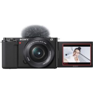 Sony ZV-E10 Mirrorless Camera with 16-50mm Lens (Black) (ILCZV-E10L/B) + 64GB Memory Card + Filter Kit + LED Light + External Charger + 2 x NPF-W50 Battery + Card Reader + More (Renewed)