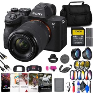 sony a7 iv mirrorless camera with 28-70mm lens (ilce-7m4k/b) + 64gb memory card + wide angle lens + telephoto lens + color filter kit + lens hood + bag + more (renewed)