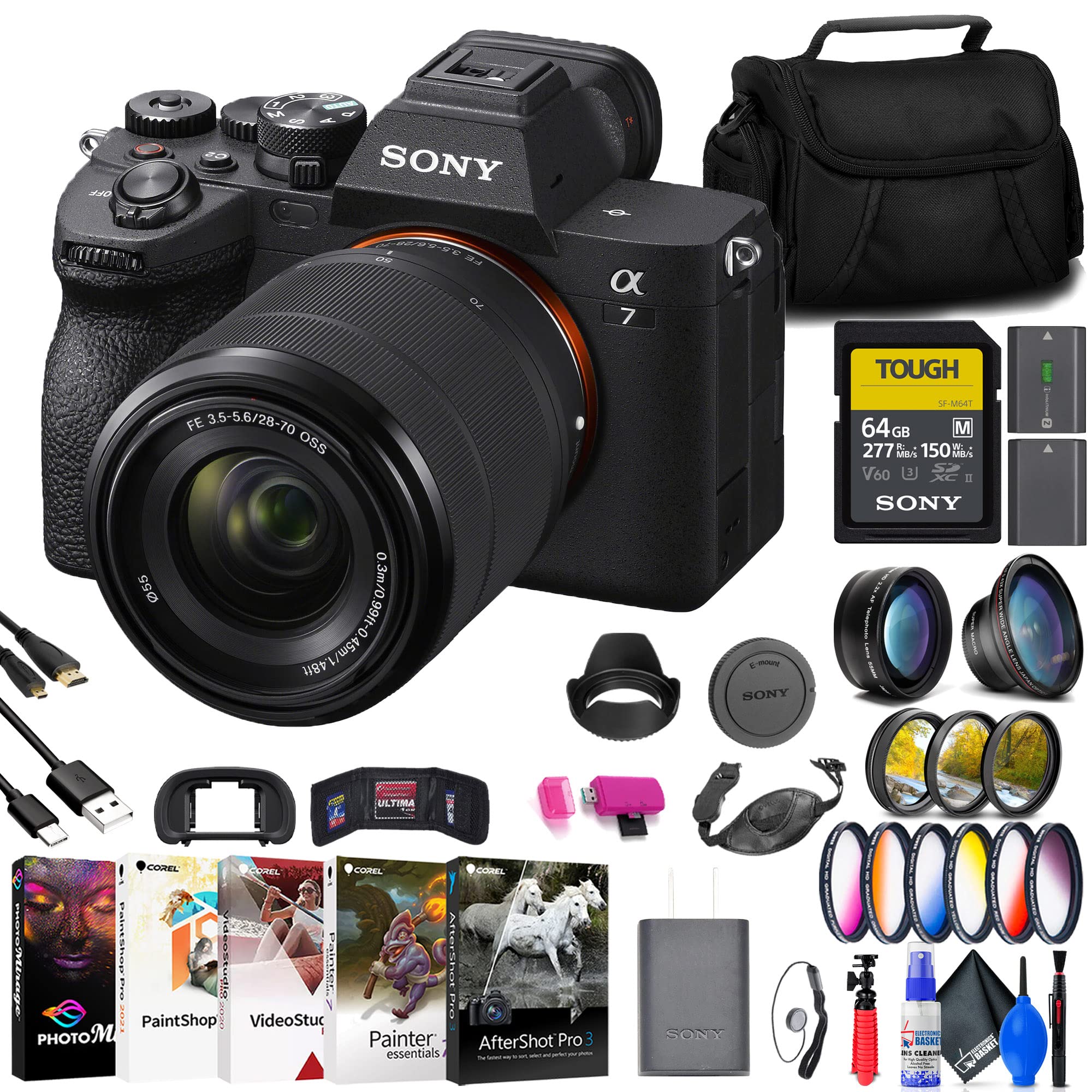 Sony a7 IV Mirrorless Camera with 28-70mm Lens (ILCE-7M4K/B) + 64GB Memory Card + Wide Angle Lens + Telephoto Lens + Color Filter Kit + Lens Hood + Bag + More (Renewed)