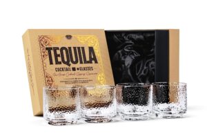 glassique cadeau tequila sipping and cocktail glasses | set of 4 | 10 oz hammered rocks glasses for drinking mezcal, margarita, paloma | thick lowball glasses | tequila glassware collection